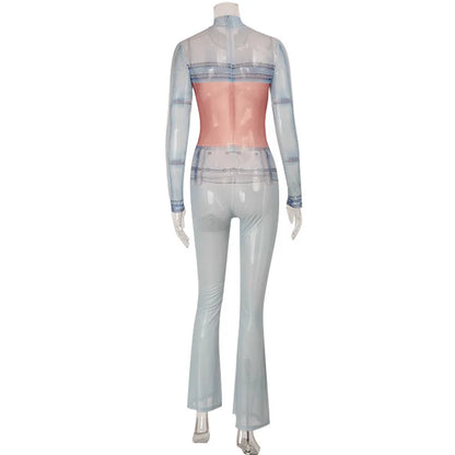 Sexy Denim Print Mesh Jumpsuit Women Chic Sheer Body Silhouette Rompers Elegant Long Sleeve Party Festival Clubwear Outfits 2026