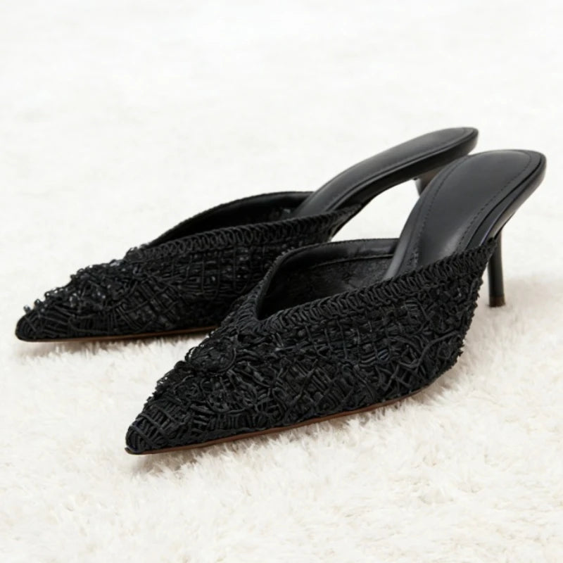 Elegant String Bead Decoration Heeled Sandals Women Sexy Pointed Toe Mesh Woven Slippers Summer Luxury Designer Shoes for Ladies