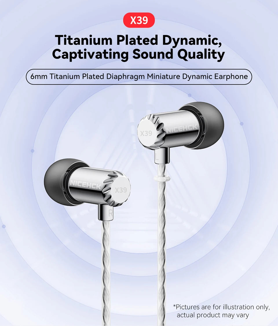 NICEHCK X39 IEM Aluminum Alloy Shell HIFI Microphone Earbud 6mm Titanium Plated Dynamic Headset Bass Vocal DJ In-ear Earphone