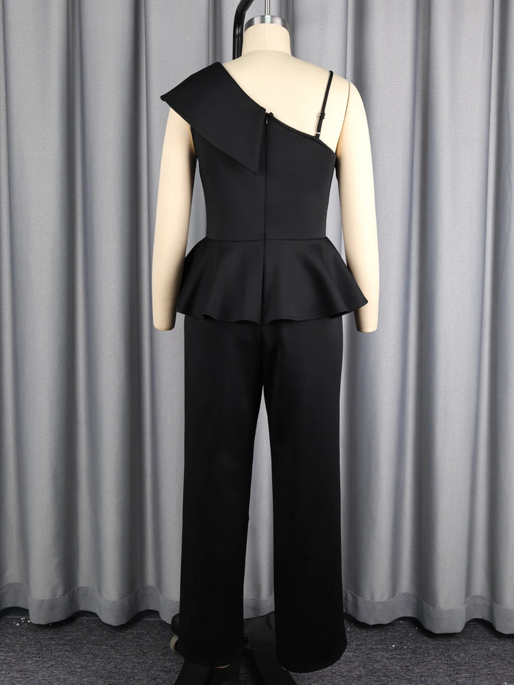 Women Stylish One Shoulder Jumpsuit Irregular Neck Peplum High Waist Church Wedding Guest Business Party Banquet Formal Outfits
