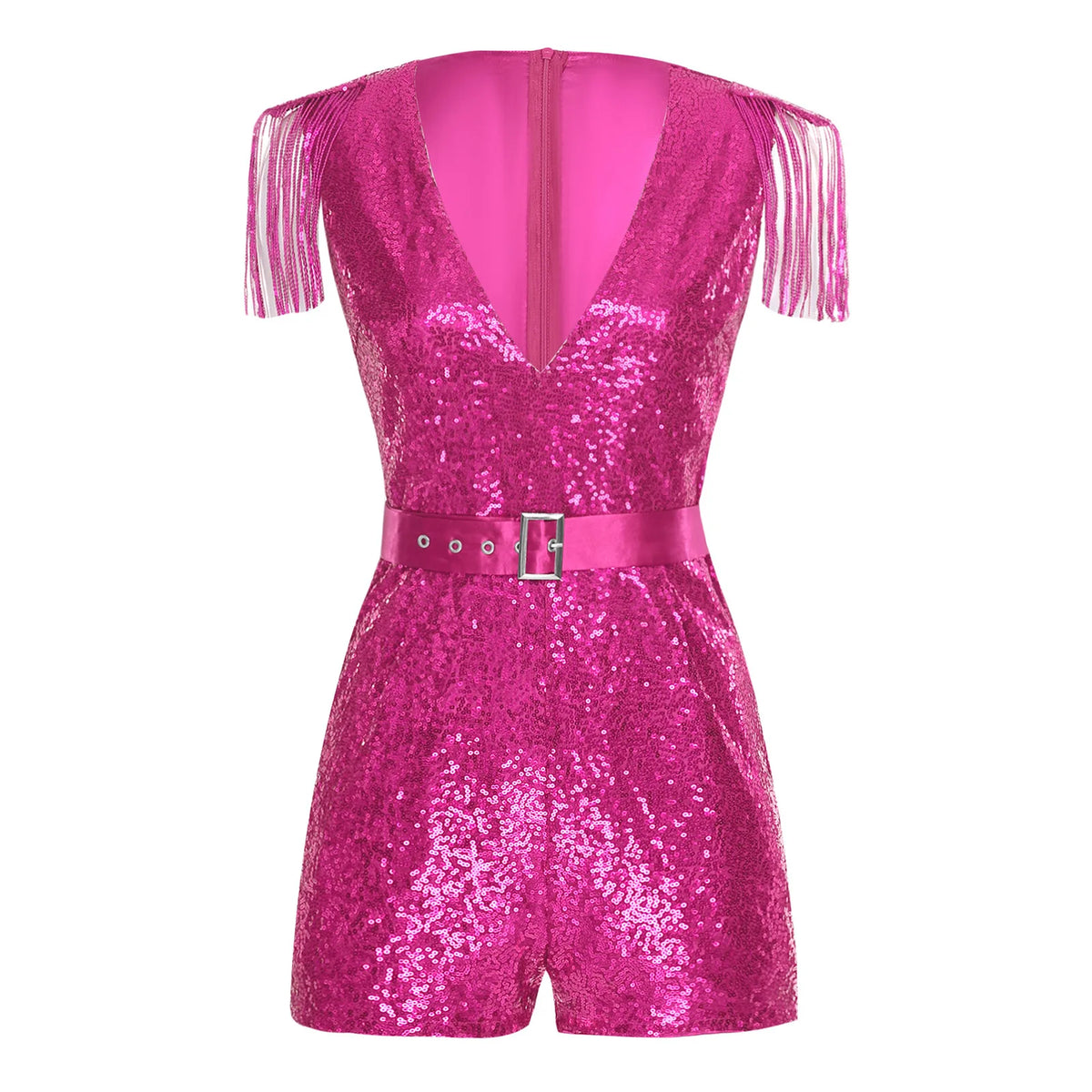 Women Sequined Unitard Fashion Short Romper Belted Tassels Jumpsuits Clubwear Sleeveless Sparkly Rave Disco Club Party Costume