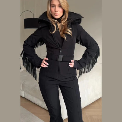 Thicken One-piece Ski Suit Women Faux Fur Hooded Tassels Coat High Waist Belt Jumpsuit 2025 Winter Windproof Waterproof Skiwears
