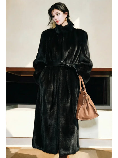 Lautaro Spring Winter Long Soft Thick Warm Brown Faux Mink Fur Coat Women Luxury High Quality Elegant Chic Fluffy Overcoat 2025