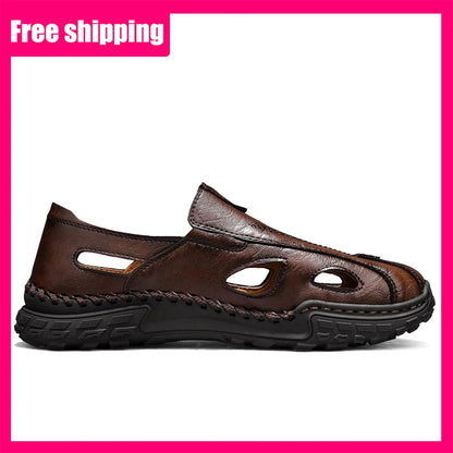 Men Sandals New Hollow Leather Casual Comfortable Trendy Beach Shoes Outdoor Walking Non Slip Bag Toe Walking Shoes for Men