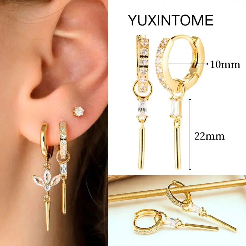 White Color Zircon Hoop Earrings 925 Sterling Silver Needle Cross/Star/Flower/Water Drop Pendant Gold Earrings Luxury Jewelry