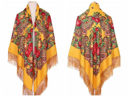 160*160cm Russian Square Scarf for Woman Warm Tassel Shawls Floral Print Handkerchie Wraps Babushka Bandana Beach Travel Blanket