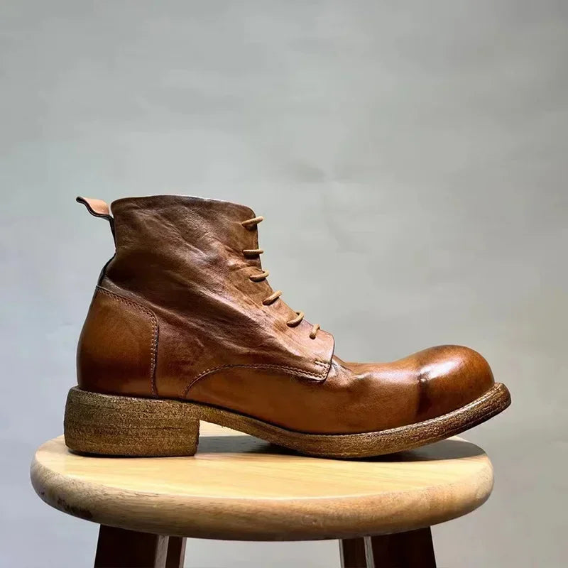 Washed Men's High Top Retro Leather Thick Soled High Rise Short Leather Boots Goodyear- Handmade Horse Leather Shoes Worn