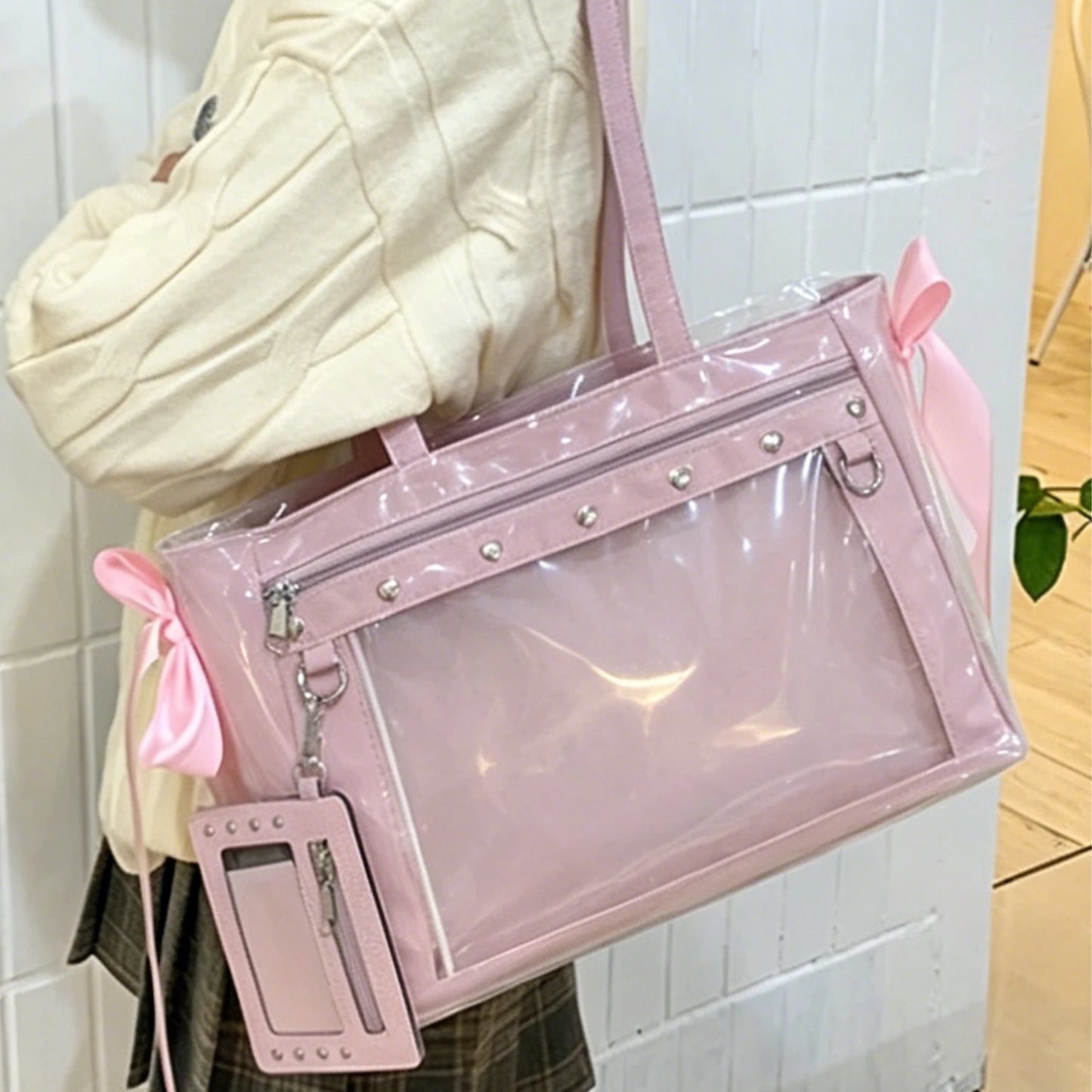 Women PU Leather Leopard Pattern Shoulder Bag with Ita Card Purse Pin Display Ribbon Ita Bags Daily Shopping Dating Shoulder Bag