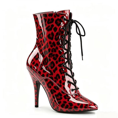 Glossy Leather Pointy Short Boots Woman 2026 New Red Leopard Print Large Size Shoes 12CM Thin Heels Boots For Party & Night Club