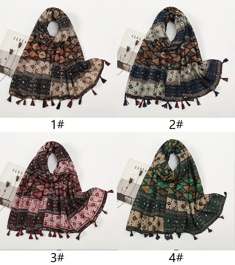 Summer Printing Geometry Tassel Scarf Women Artistic Luxury Fashion Versatile Thin Breathable Headscarf Shawls 185*80cm