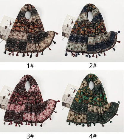 Summer Printing Geometry Tassel Scarf Women Artistic Luxury Fashion Versatile Thin Breathable Headscarf Shawls 185*80cm