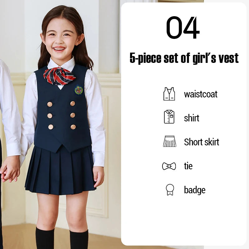 5 Pcs British Style College Kindergarten School Uniform JK Outfits Kid Shirt Pleated Skirt Suit Chorus Performance Costume Dress