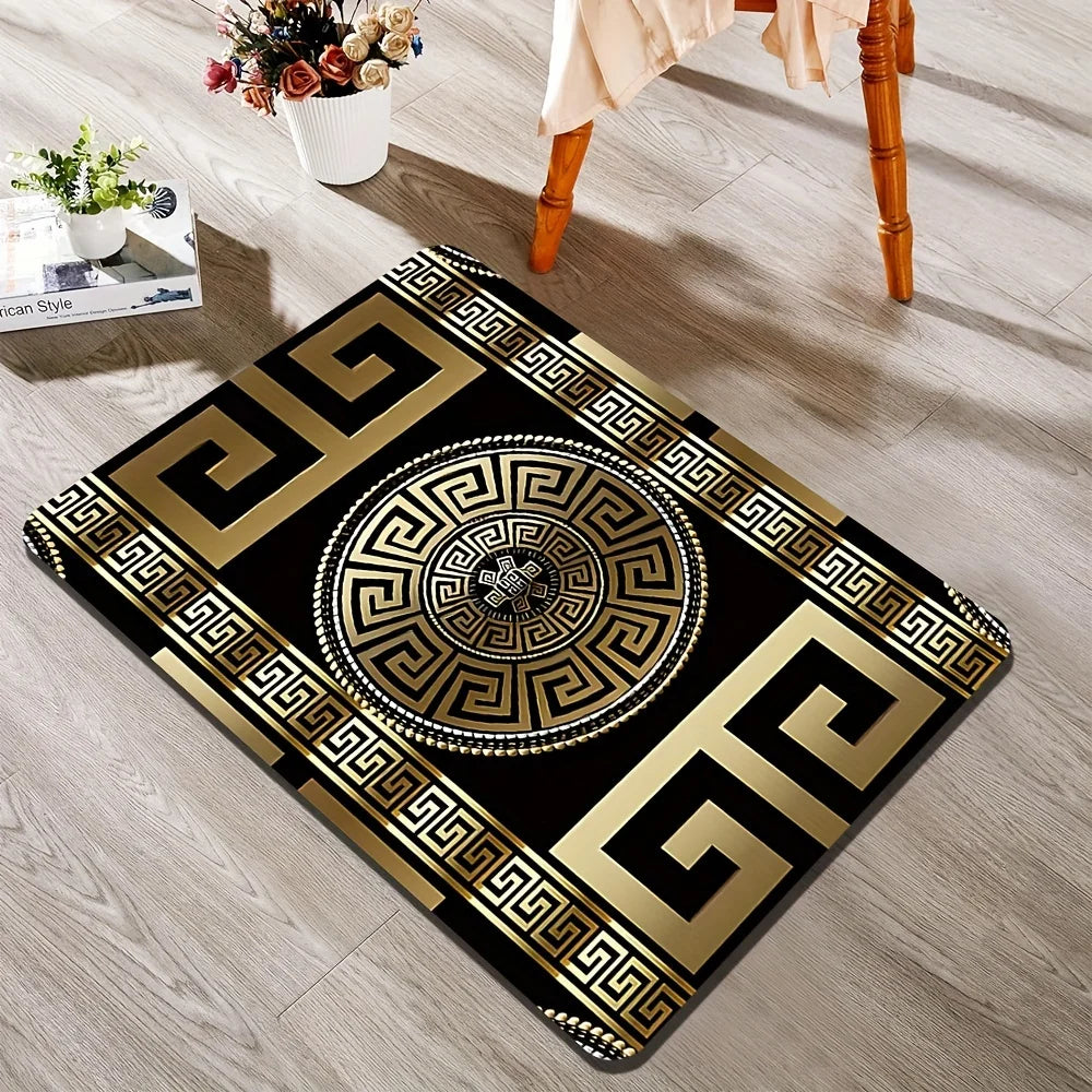 Retro Black&Gold Greek Key Floor Mat,Non-Slip HD Geometric Print, Washable Welcome Rug for Entryway,Living Room,Bathroom & More