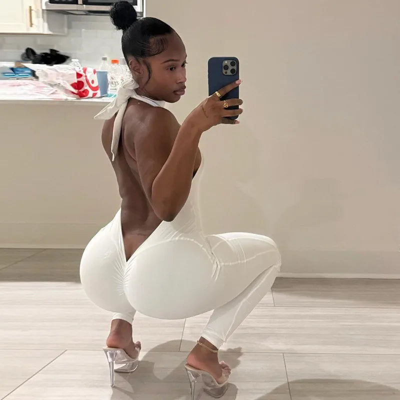 ANJAMANOR Halter Backless Bodycon Jumpsuits Sexy Clubwear Woman Catsuit White Black One Piece Outfit Summer 2026 D87-CE35