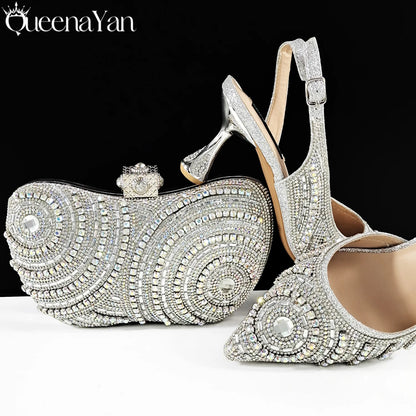 Queena Yan Nigerian Heel Party for Women Silver Color Shoes and Bag Set Rhinestone Handbag Italian Design Wedding INS 2025