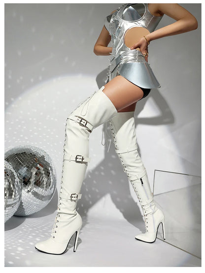Sgesvier 2025 Jazz Dance High Heels Sexy Women Over the Knee Boots Female Knight Boots Pointed Zipper Pu Thin Heel 12CM Big Size