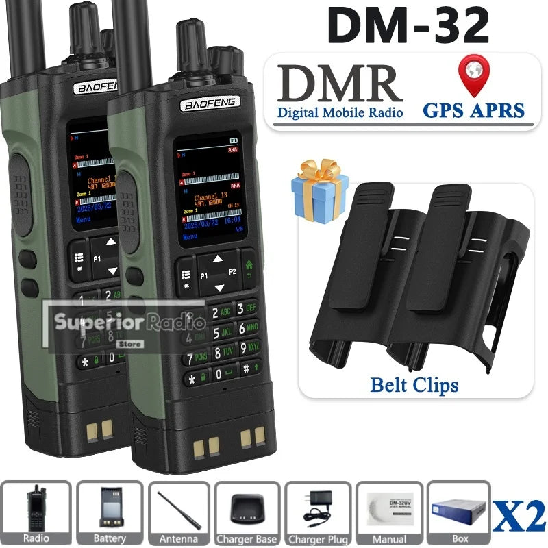BAOFENG DM-32 Walkie Talkie with Belt Clip Hoster DMR Digital Radio GPS APRS Dual Mode Analog 999 Channel Type-C Dual Time Slots