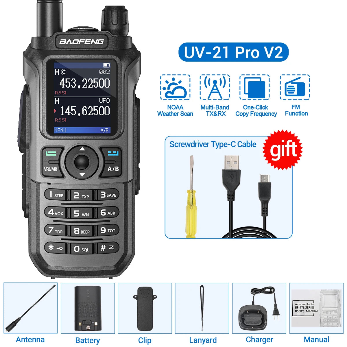 Baofeng UV-21 Pro Walkie Talkie V2 Multi-band Wireless Copy Frequency Waterproof Long Range Type-C Two Way Radio For Camping