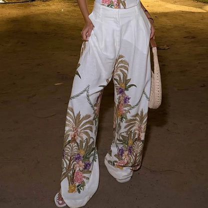 Casual Off Shoulder Sling Top+Coat+Pants Three Piece Set New Spring Summer Holiday Women's Suit Elegant Printed Straight Outfit