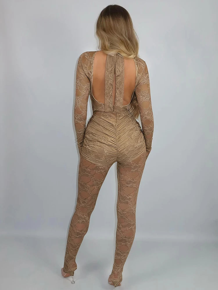 Weird Puss Backless Jumpsuit Women Coquette Jacquard Patchwork Cross Bandage Midnight Stretch Full Sleeve Club Activity Overalls