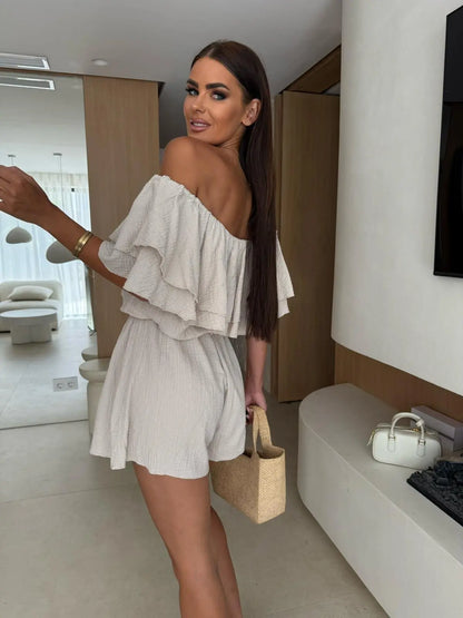 Chic Off The Shoulder Double Layer Ruffled Short Sleeve Romper With Elastic High Waist And Loose Fit Shorts Ideal For Summer Cas