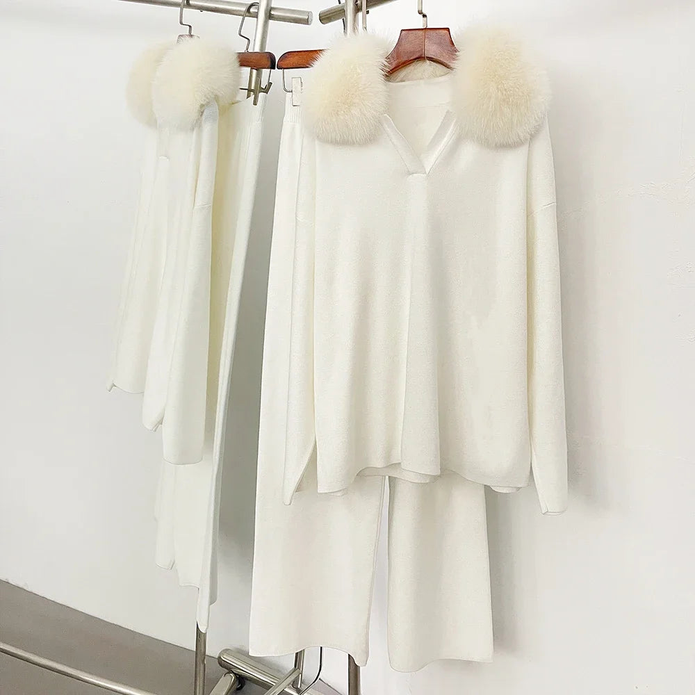 Reality Fur Jacket Pullover Set Woman Spring Knitted Suit Knitwear Female Real Fox Fur Collar Sweater Lady Autumn Knitted New