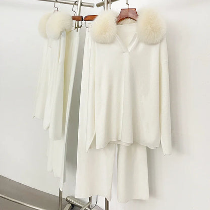 Reality Fur Jacket Pullover Set Woman Spring Knitted Suit Knitwear Female Real Fox Fur Collar Sweater Lady Autumn Knitted New