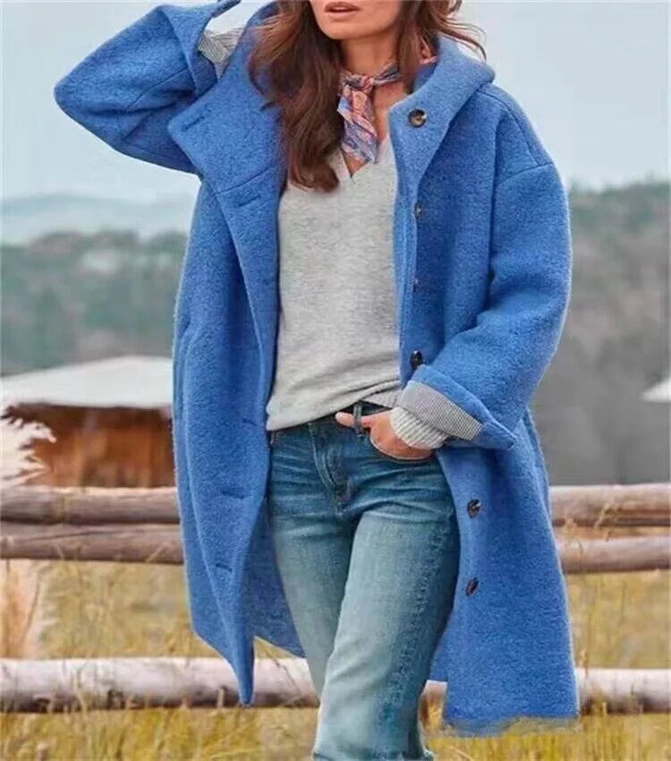 Manteaux Femme Winter Warm Woolen Coat Solid Color Manteau Femme Hooded Fashion Womans Clothing Single-breasted Hooded Long Coat