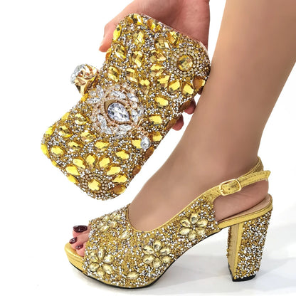 Summer Italian Latest Design Ladies Luxury Rhinestone High Heel Shoes and Bag Set To Go To Wedding Christmas Party Wear