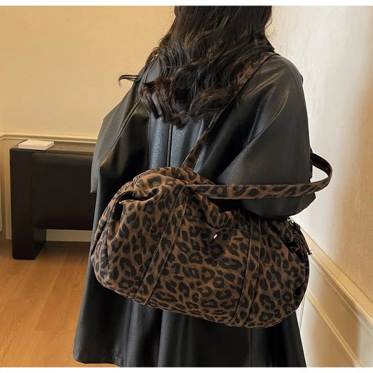 Trendy Leopard Print Canvas Shoulder Bag Large Capacity Fashion Tote Handle Bag for Daily Commute Versatile Texture Storage Bags
