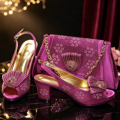 2026 Elegant Italian Pointed Toe Women Rhinestone Hot Pink Shoes & Bag Set For Wedding Party Bridal Evening Formal Events