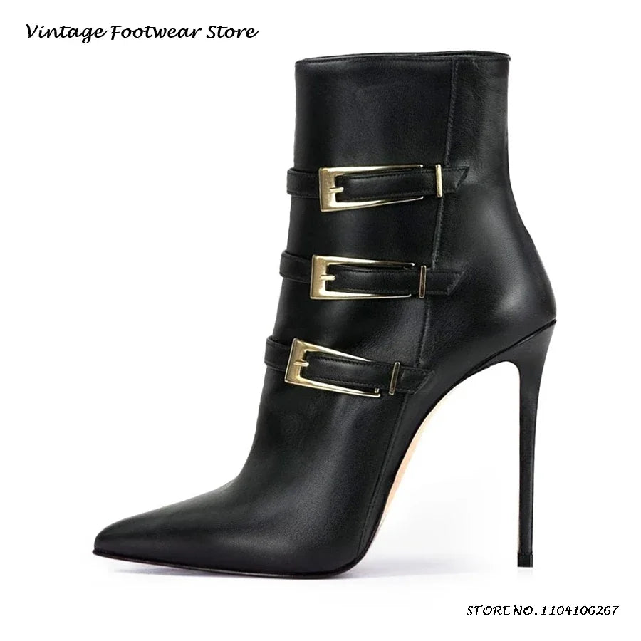 Triple Belt Buckle Leather Ankle Boots Sexy Pointed Toe 12cm High Stilleto Booties Women's Spring Autumn Side Zip Modern Boots