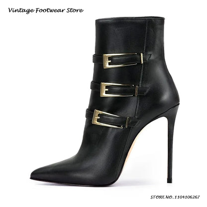 Triple Belt Buckle Leather Ankle Boots Sexy Pointed Toe 12cm High Stilleto Booties Women's Spring Autumn Side Zip Modern Boots