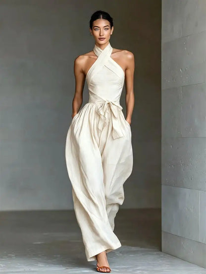 2026 High Waist Tie-up Wide Leg Pants Jumpsuit Woman Sexy Criss Cross Halter Backless Zips Romper Summer Solid Office Overalls
