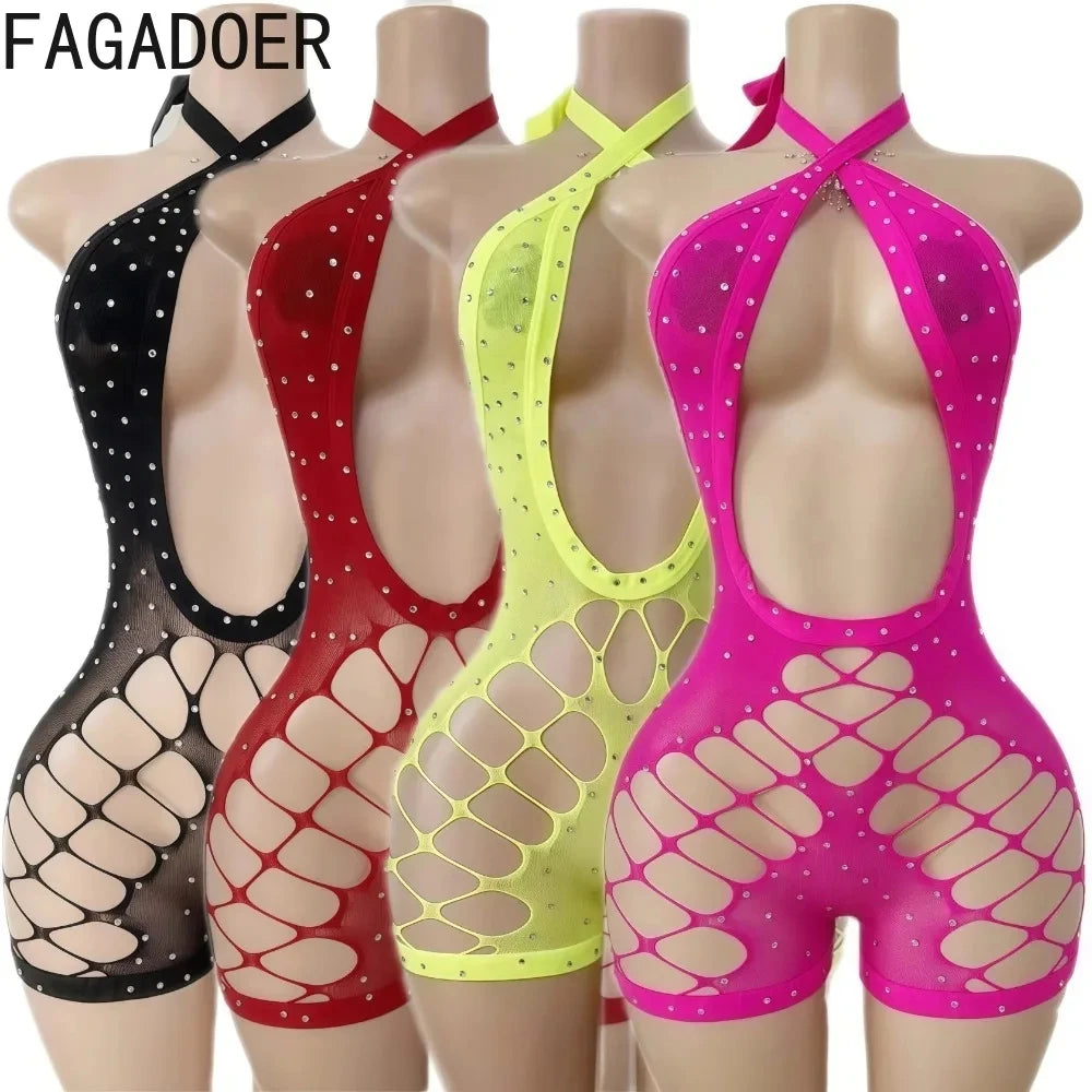 FAGADOER Sexy Hollow-out Rhinestone Patchwork Bodycon Rompers Woman Halter Sleeveless Backless Jumpsuits Female Party Clubwear