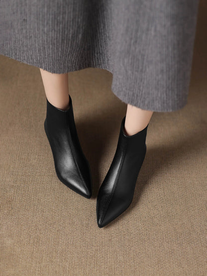 Plus Size 34-42 Genuine Leather Pointed Toe Med Heels Zipper Modern Boots Winter Autumn Shoes Concise Elegant Dress Ankle Boots