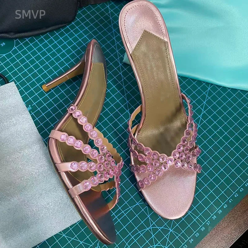 Summer 2026 Women's Pink Crystal High Heels Diamond-Encrusted Slim Heel Sandals for Outdoor Weddings Parties Fashionable Ladies'