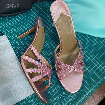 Summer 2026 Women's Pink Crystal High Heels Diamond-Encrusted Slim Heel Sandals for Outdoor Weddings Parties Fashionable Ladies'