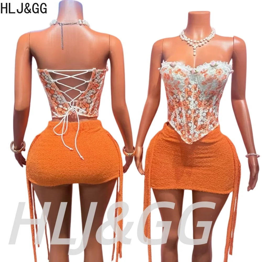 HLJ&GG Sweet Lace Flower Embroidery Corset Two Piece Sets Women Off Shoulder Bandage Slim Top And Tassel Mini Skirts Streetwear