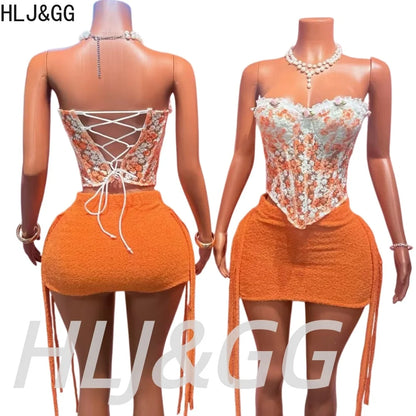 HLJ&GG Sweet Lace Flower Embroidery Corset Two Piece Sets Women Off Shoulder Bandage Slim Top And Tassel Mini Skirts Streetwear