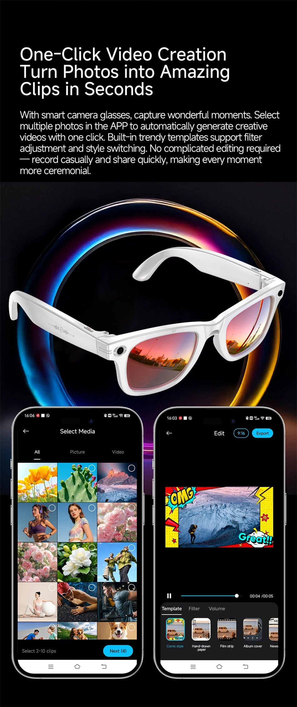 Smart Glasses 13MP HD Camera 4K Video Antishake Recording AI Translation Bluetooth Call Music Photo Recognition Sport Sunglasses