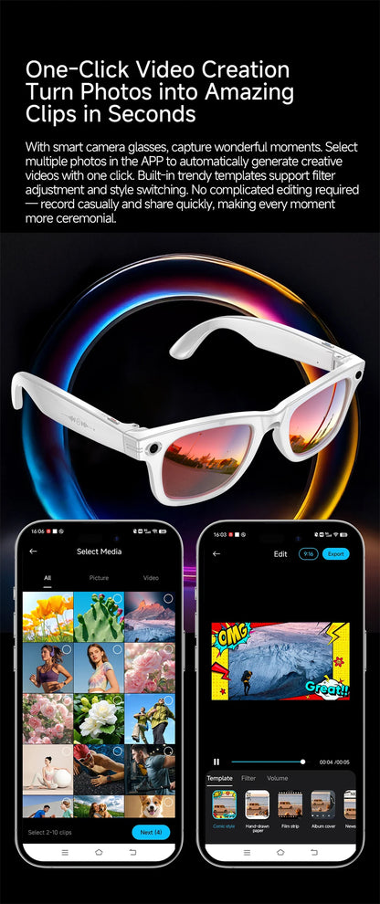 Smart Glasses 13MP HD Camera 4K Video Antishake Recording AI Translation Bluetooth Call Music Photo Recognition Sport Sunglasses