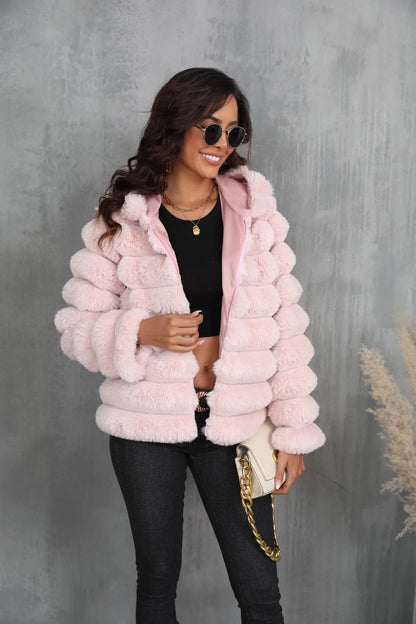 2026 Winter Hooded Plus Size Faux Fur Cropped Coat Women Furry Long Sleeve Plush Jacket Lady Large Fake Fur Warm Fluffy Cardigan