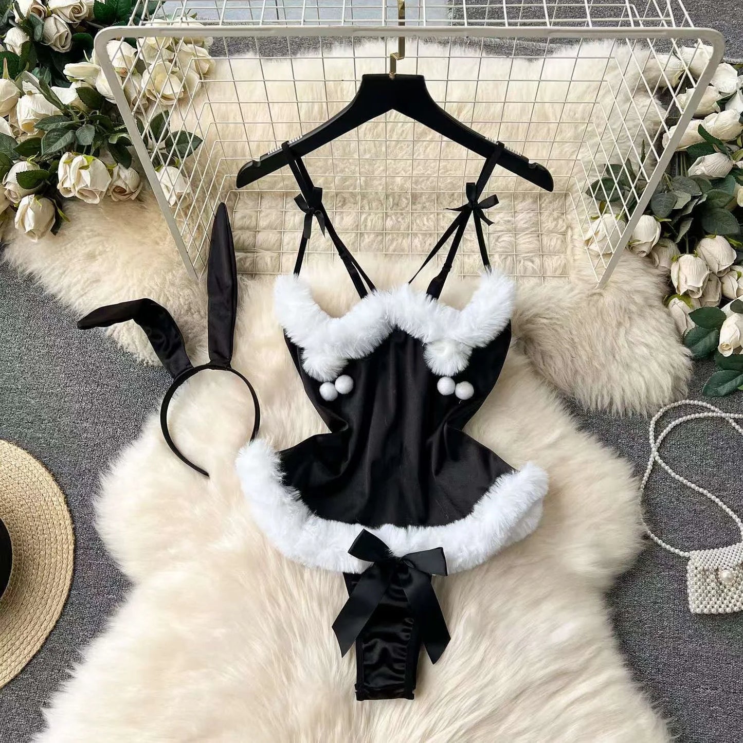 Women Lace Patchwork Velour Strappy Catsuits Fashion One Piece Combination Rompers Erotic Fashion Sexy Bunny Bodysuits Cosplay