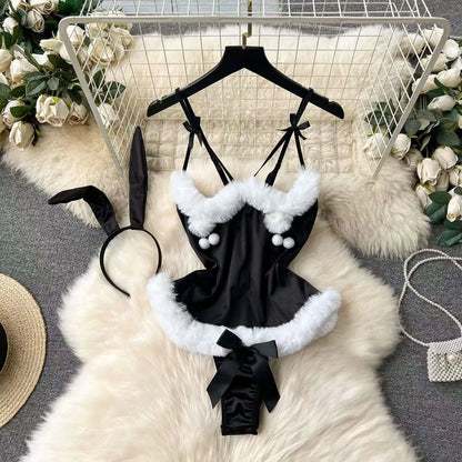 Women Lace Patchwork Velour Strappy Catsuits Fashion One Piece Combination Rompers Erotic Fashion Sexy Bunny Bodysuits Cosplay