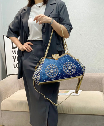 Denim Rhinestones Women Handbag Clutch Bag For Evening Party Chic Butterfly Decoration Ladies Denim  Shoulder Bag