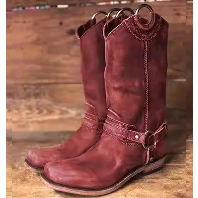 Men's Retro Chunky Heels Western Cowboy Mid-Calf Boots 2026 Buckle Strap Low Heel Vintage Biker Boots Casual Riding Footwear