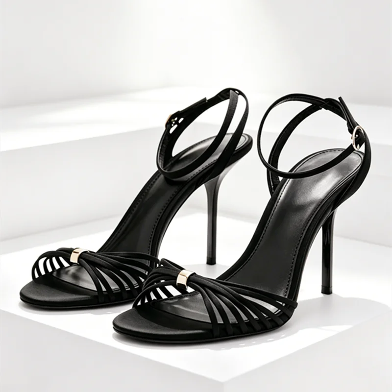 Elegant Ankle Strap Narrow Band Heeled Sandals Women Open-Toe High Heels for Ladies Luxury Metal Buckle Details Designer Shoes