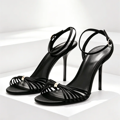 Elegant Ankle Strap Narrow Band Heeled Sandals Women Open-Toe High Heels for Ladies Luxury Metal Buckle Details Designer Shoes