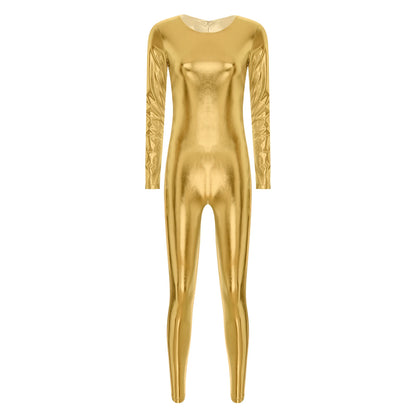 Womens Metallic Shiny Bodysuit Clubwear Long Sleeve Slim Fit Full Body Jumpsuit Nightclub Rave Party Musci Festival Costumes